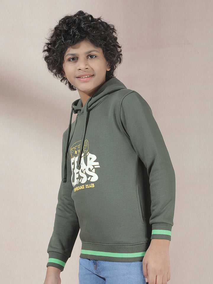 Olive Typographic Print Hooded Neck Sweatshirt