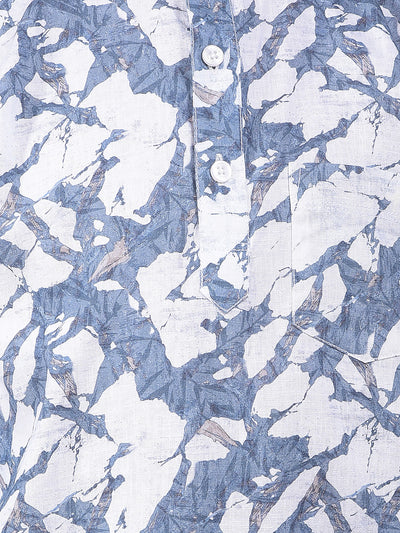 Blue Floral Print Linen Kurta