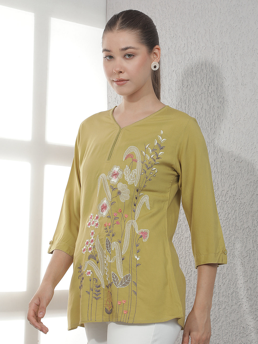 Green Embroidered V-Neck Top