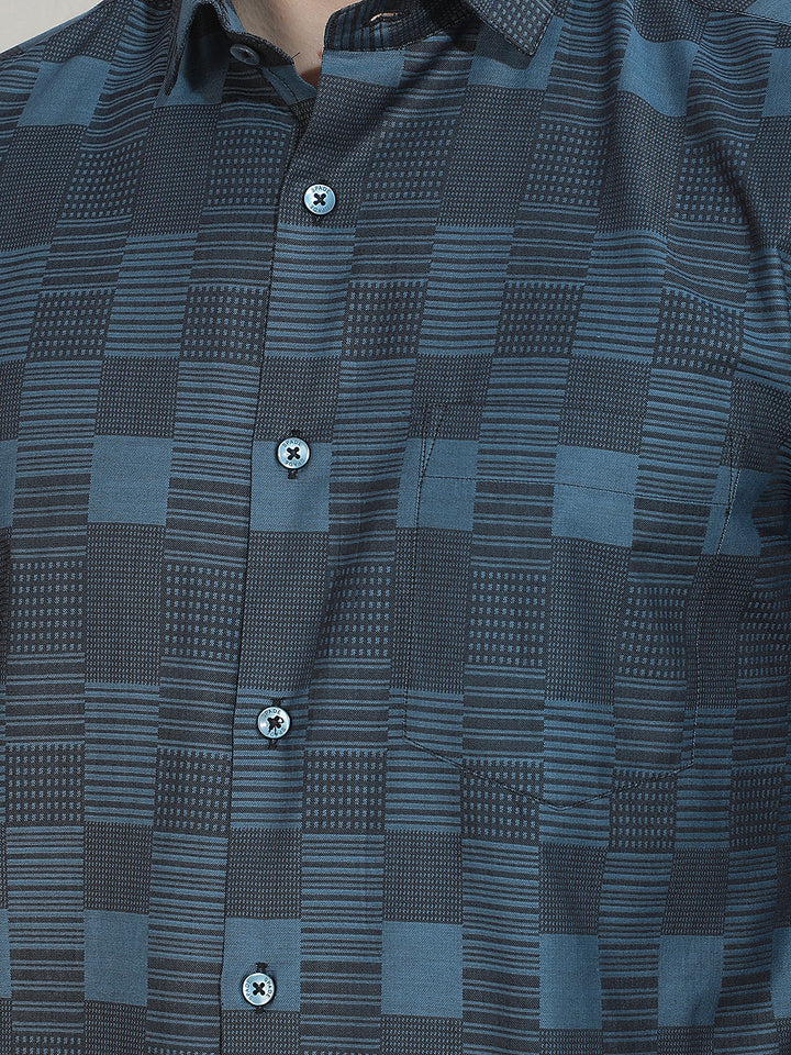 Teal Blue Geometric Print 100% Cotton Shirt