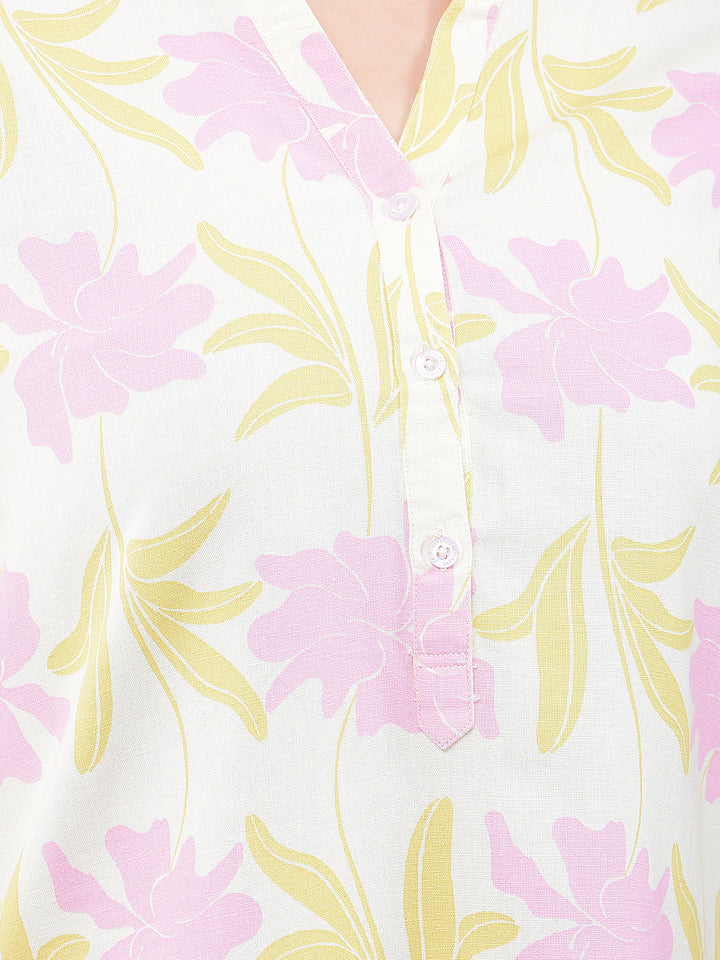 Pink Floral Print V-Neck Linen Top