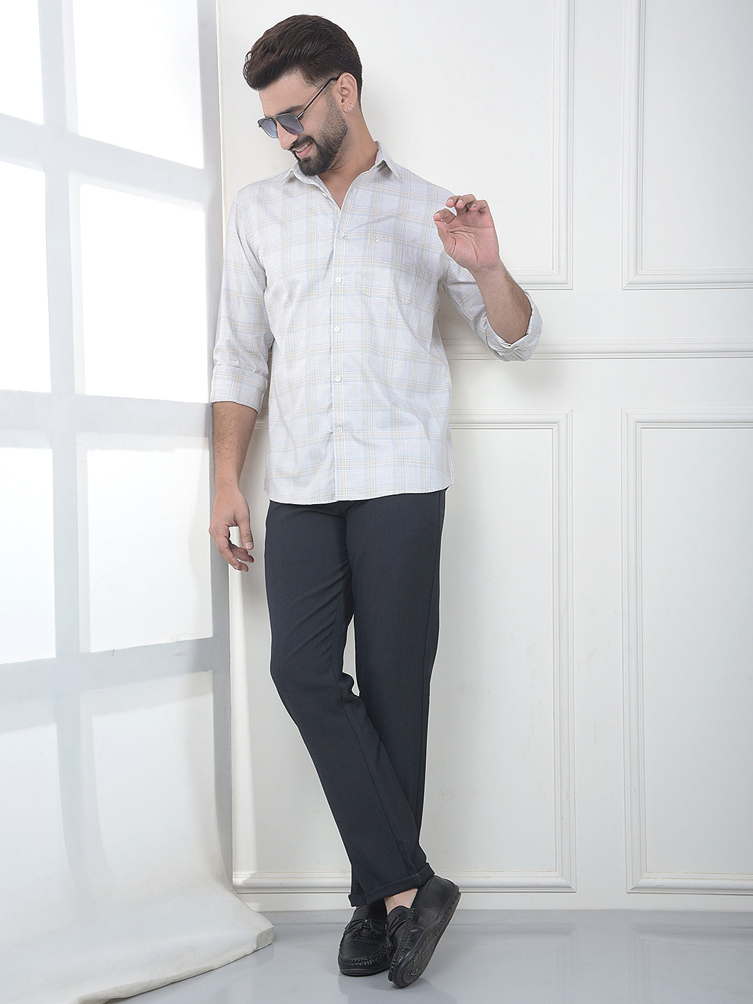 Beige Checked 100% Cotton Shirt