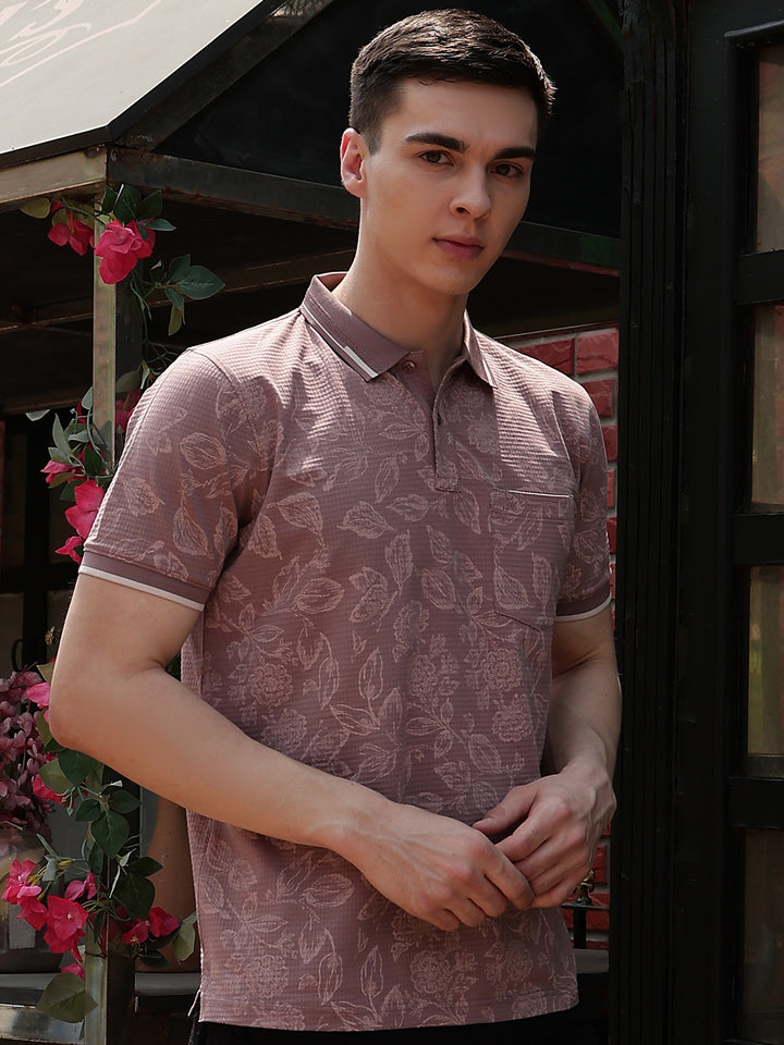 Purple Floral Print Polo Neck T-Shirt