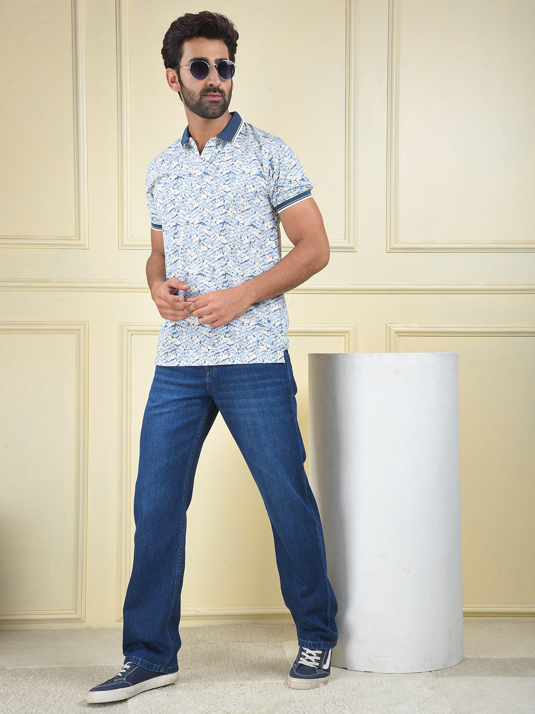 Blue Printed Polo Neck T-Shirt