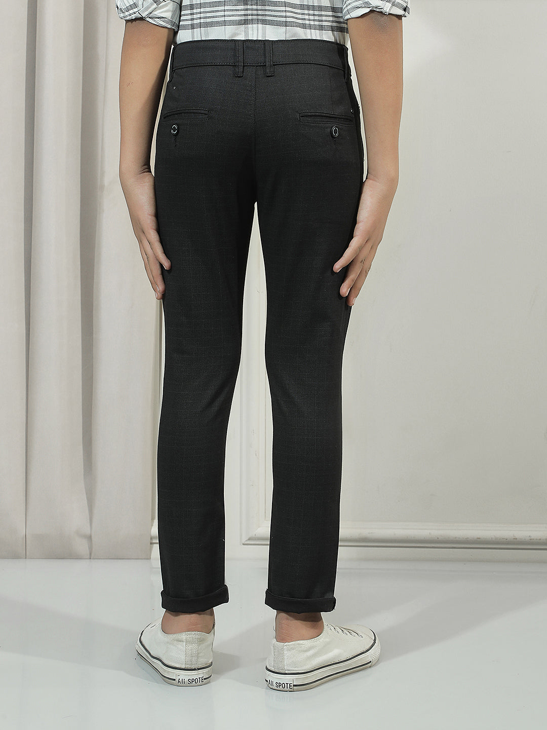 Black Cotton Checked Stretchable Trousers