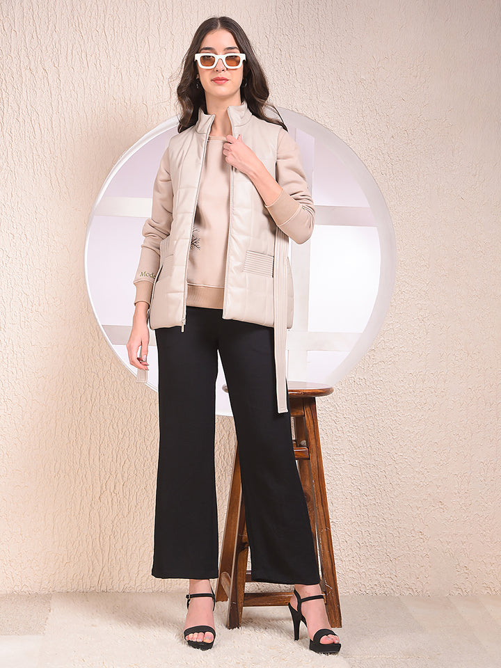 Beige Sleeveless Puffer Jacket With Belt