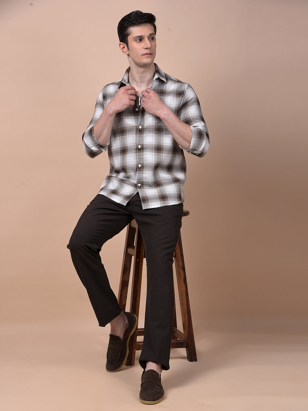 Brown Checked 100% Cotton Shirt