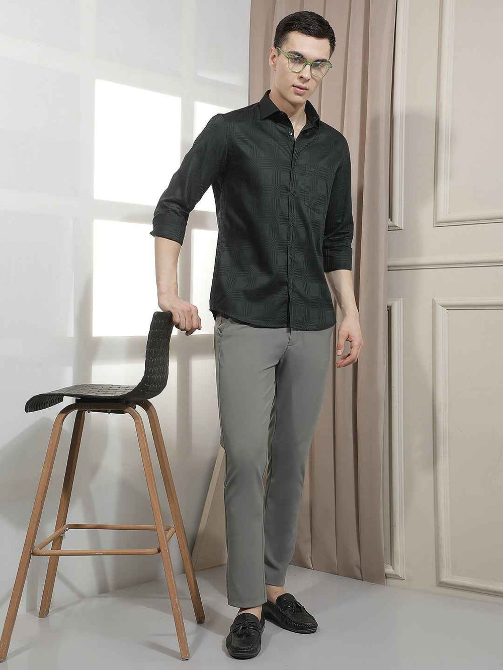 Textured Grey Knit Casual Trousers