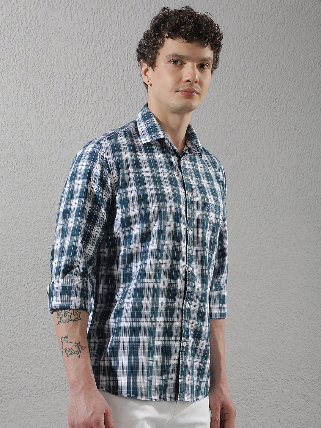 Teal Green 100% Cotton Checked Shirt