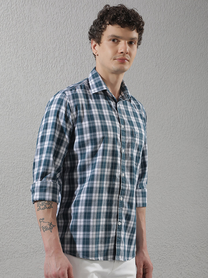 Teal Green 100% Cotton Checked Shirt