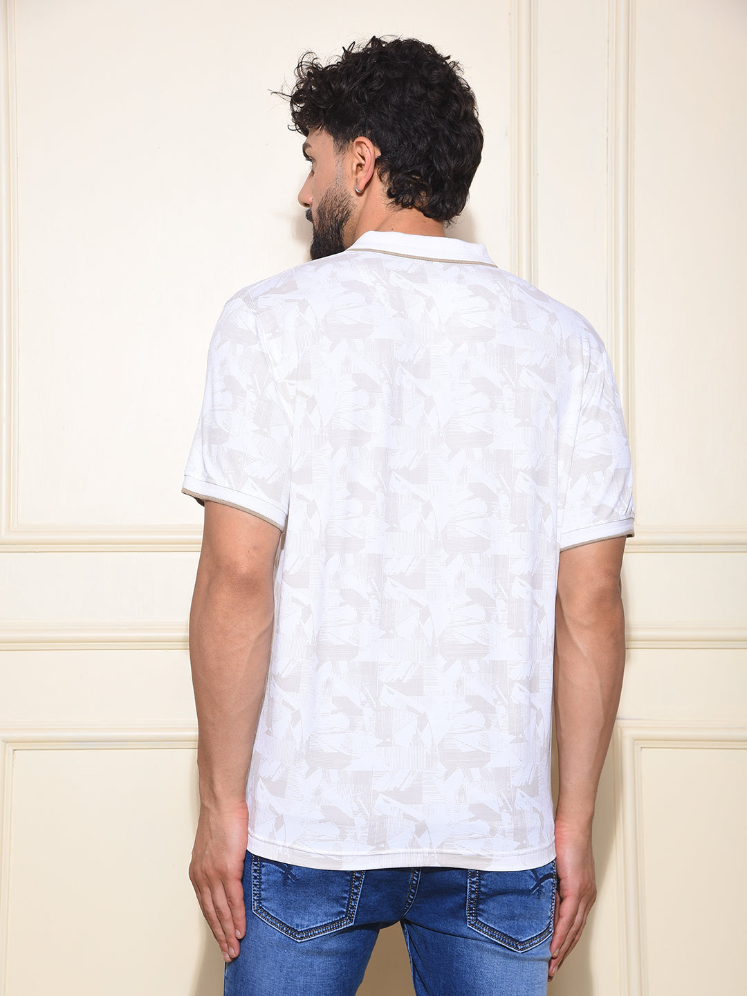 Beige Printed Polo-Neck T-Shirt