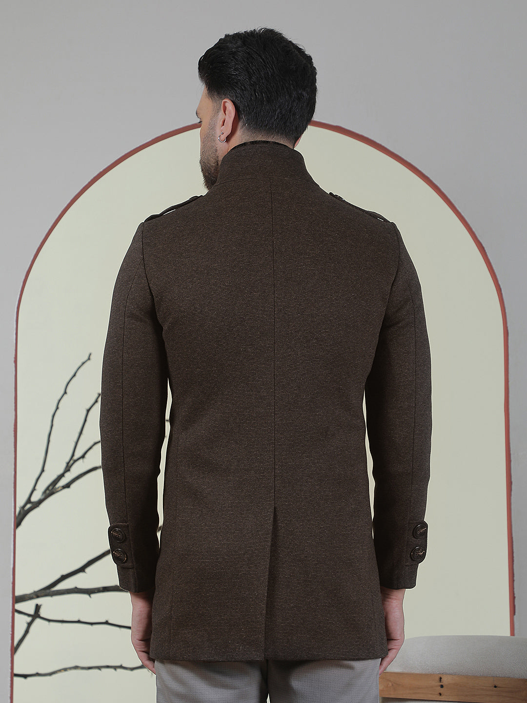 Brown Longline Stand Collar Coat