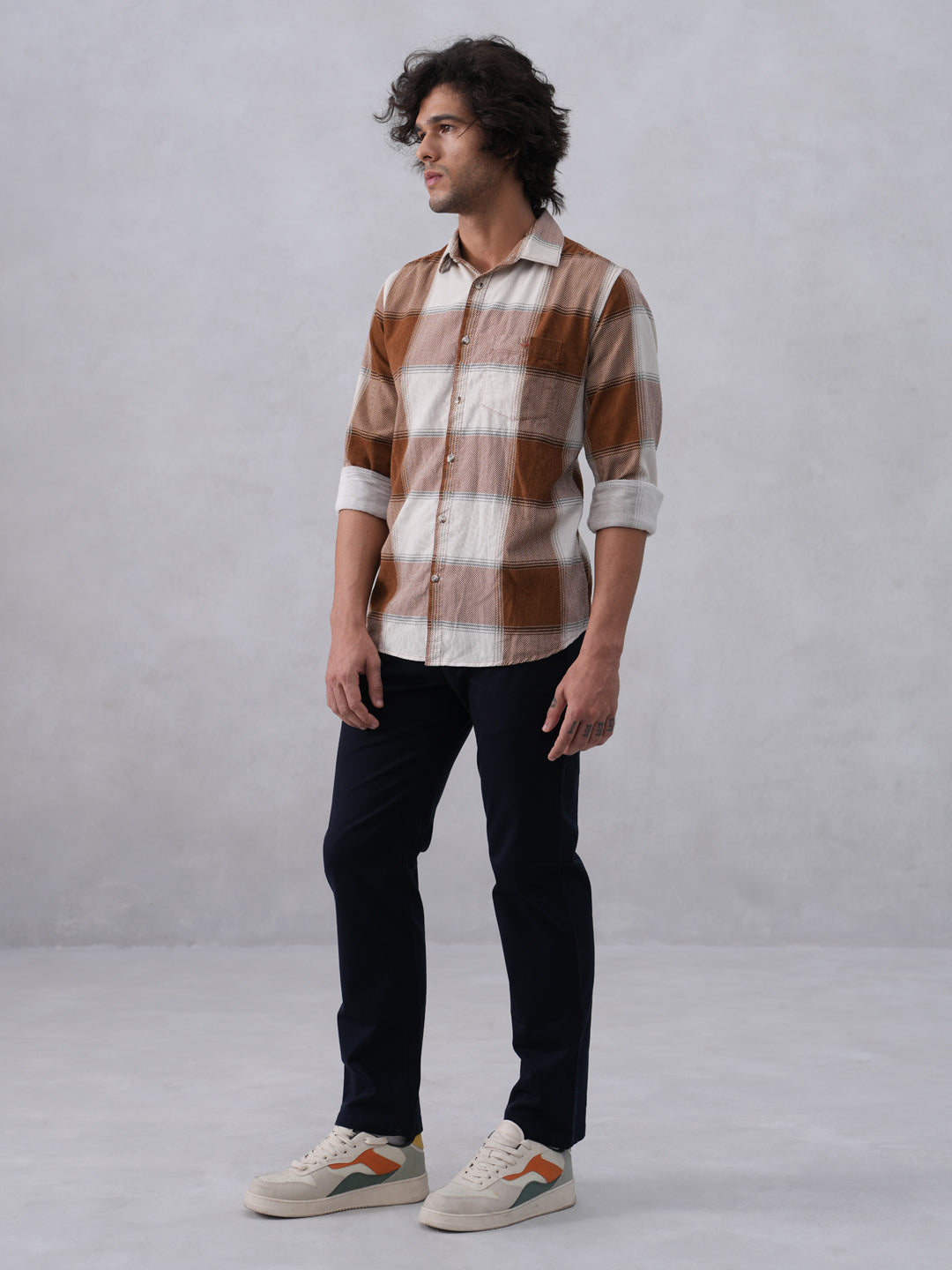 Brown Checked 100% Cotton Corduroy Shirt