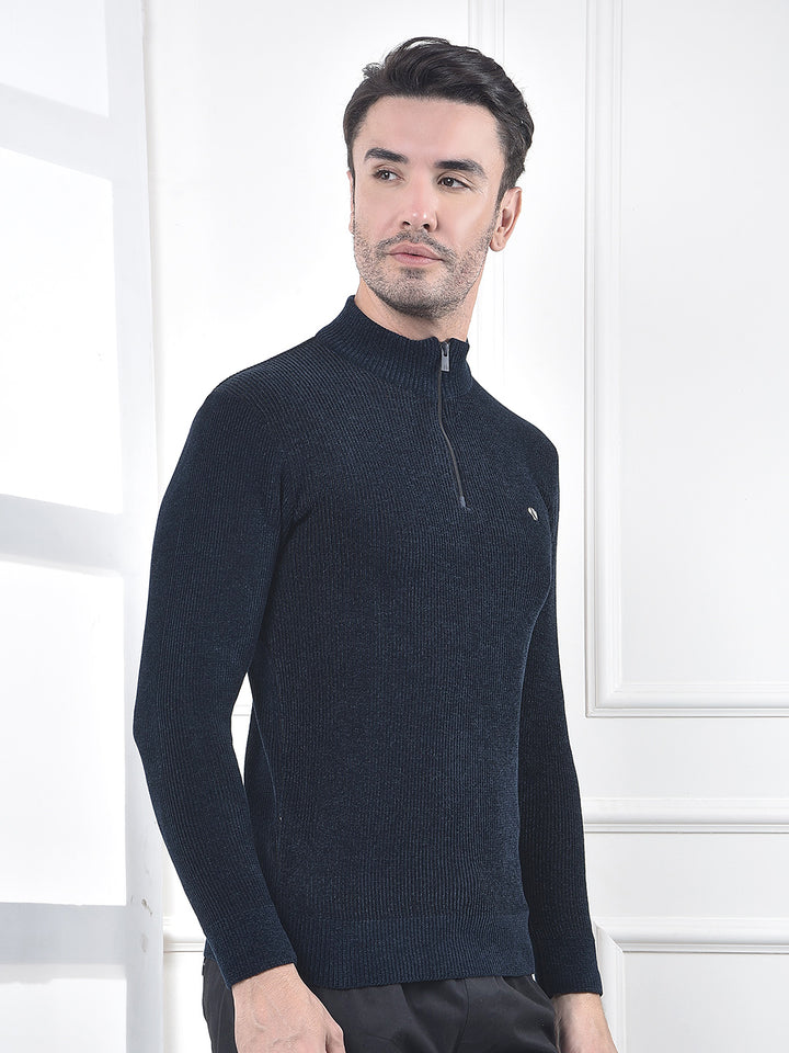 Blue Jacquard High Neck Sweater