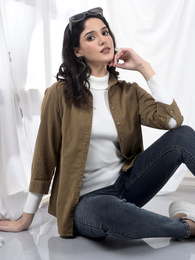 Warm Khaki Textured Twill Slim Fit Shirt