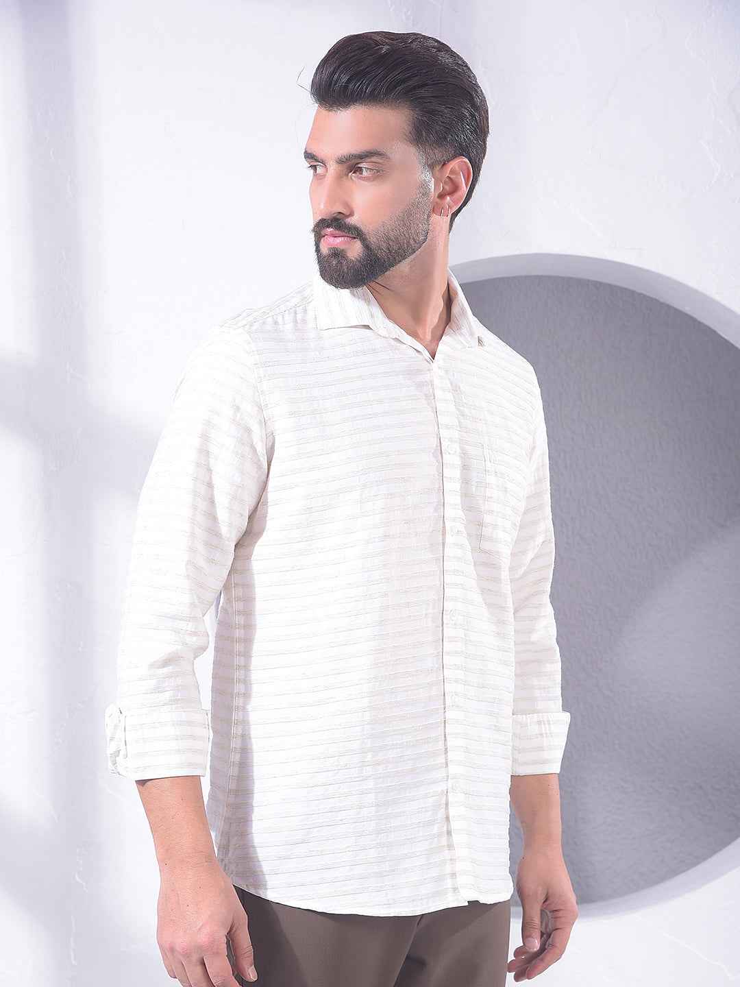 Beige Horizontal Stripes Linen Shirt
