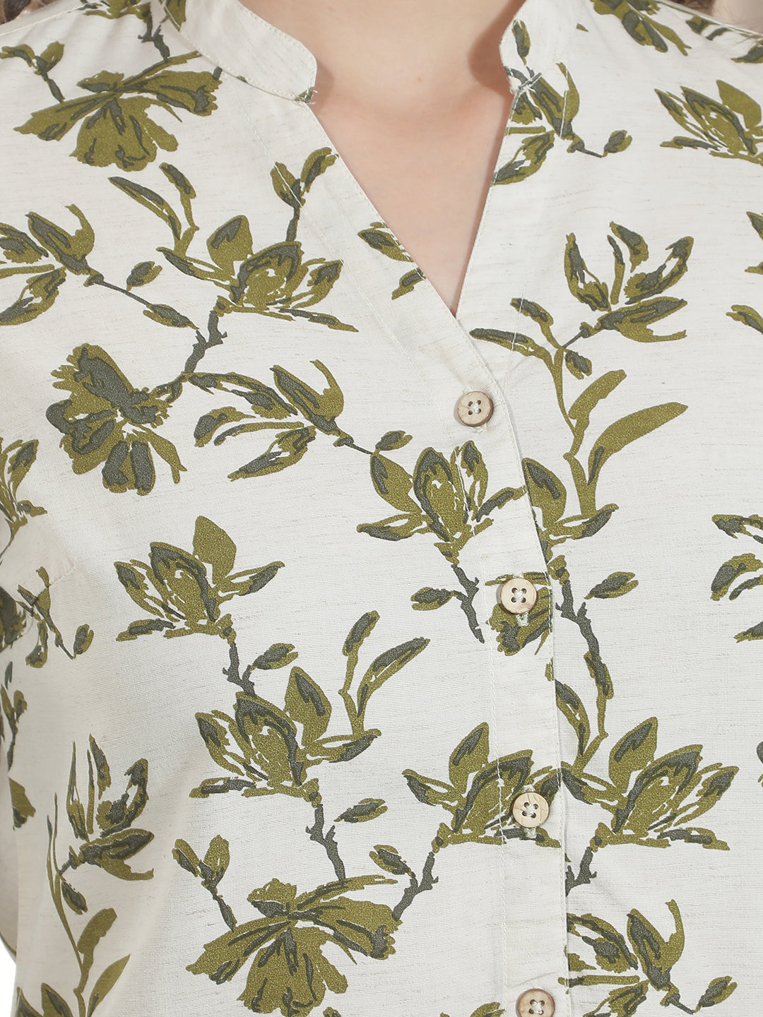 Green Floral Print V-Neck Linen Shirt