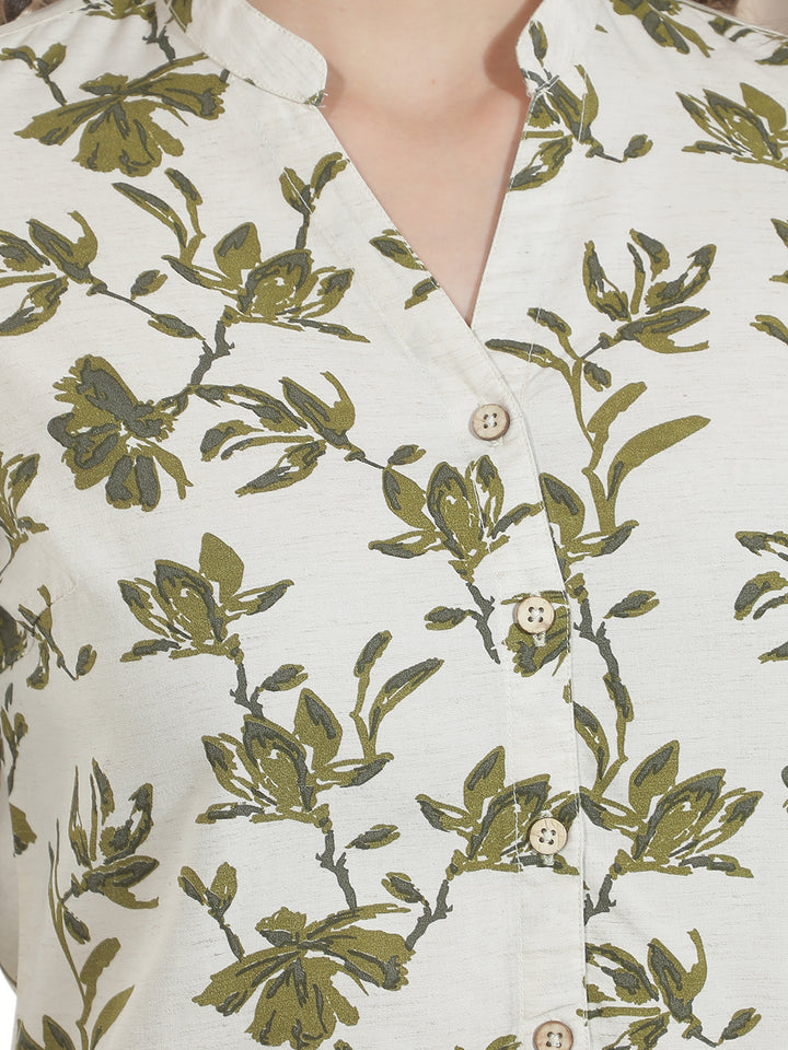 Green Floral Print V-Neck Linen Shirt