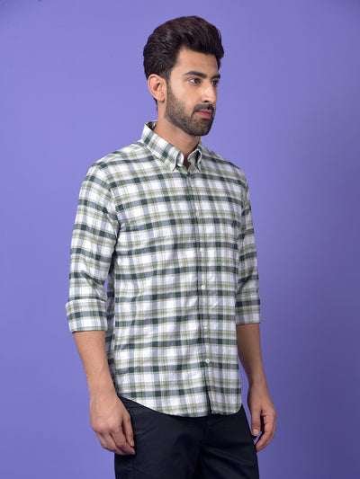 Green Checked 100% Cotton Button-Down Collar Shirt