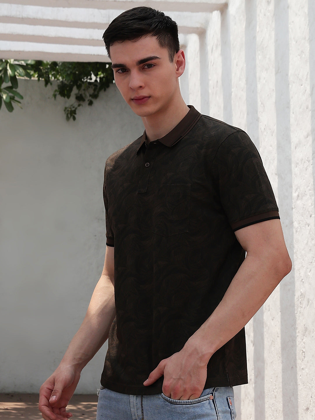 Brown Printed Polo Neck T-Shirt