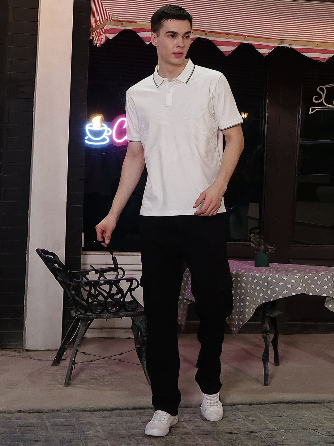 White Jacquard Polo Neck T-Shirt