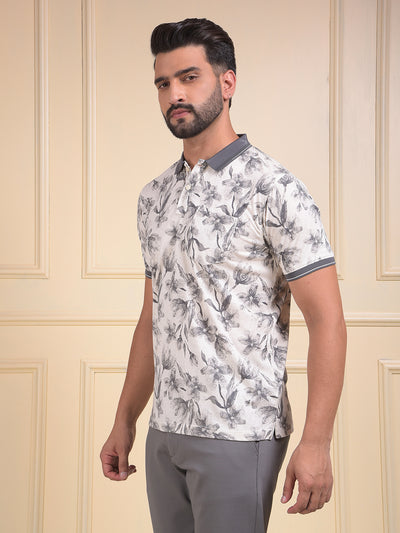 Grey Floral Print Polo Neck T-Shirt