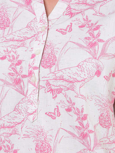 Pink Floral Print V-Neck Linen Top