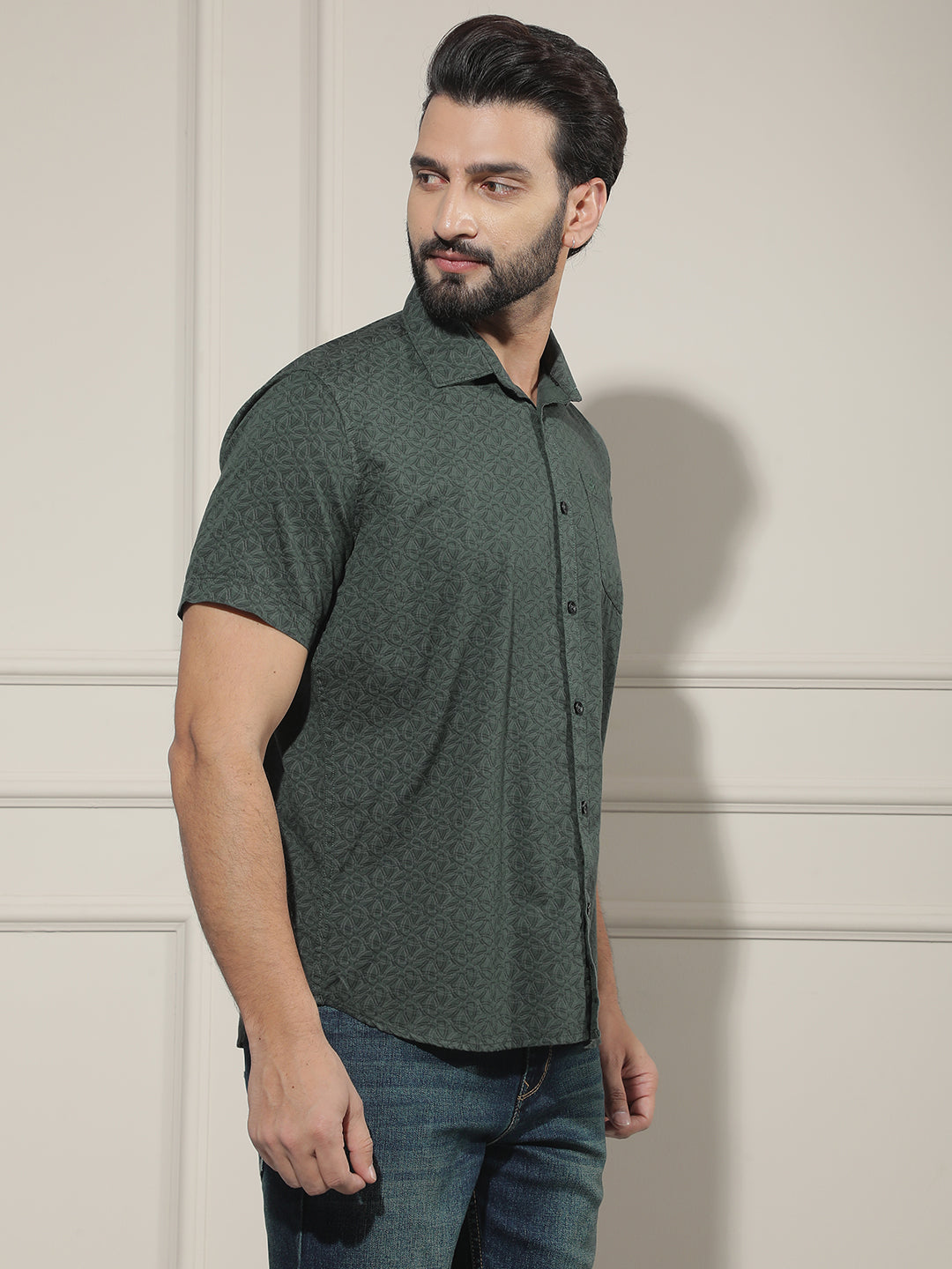 Green Floral Print Linen Shirt
