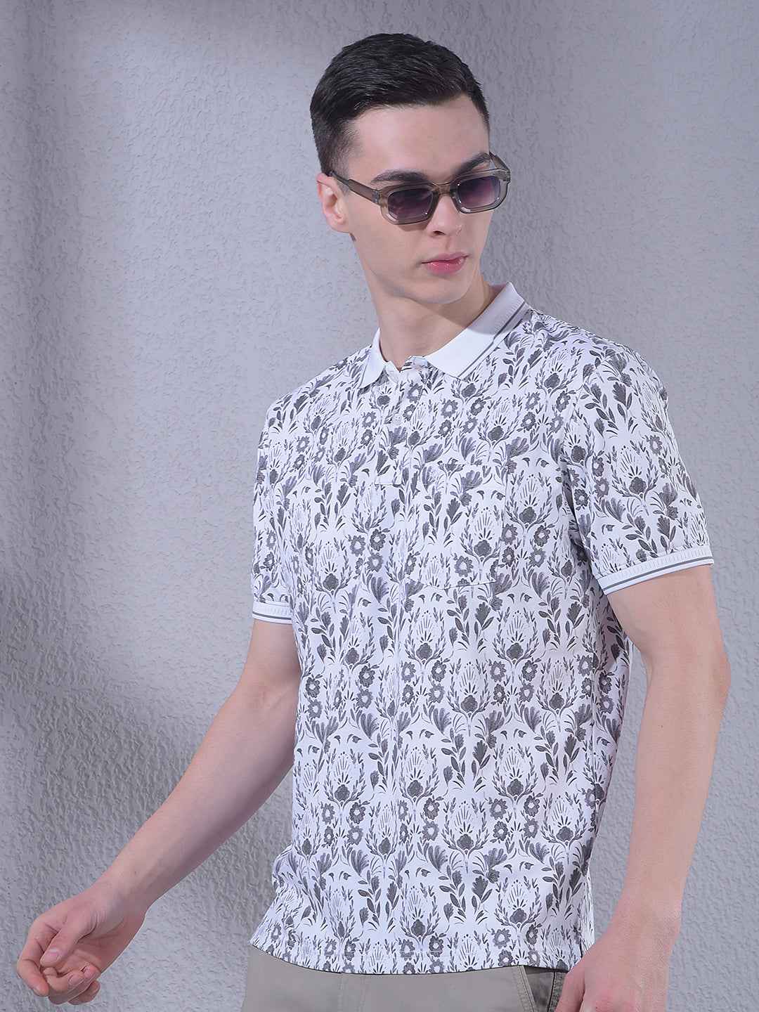 Grey Floral Print Polo Neck T-Shirt