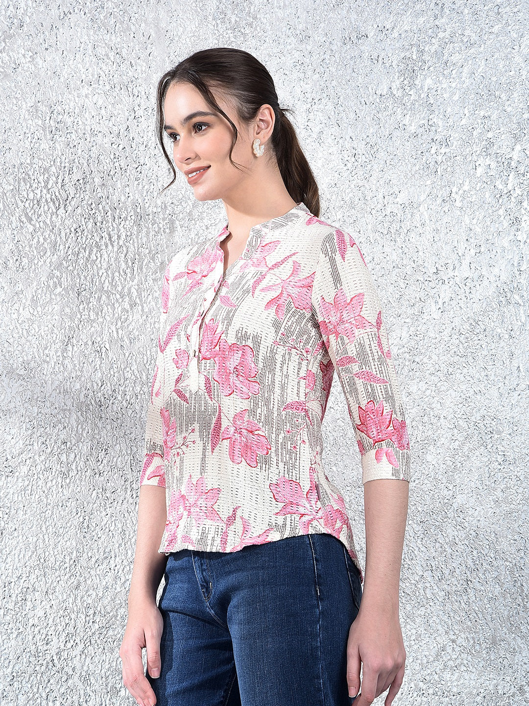 Pink Floral Print V-Neck Top