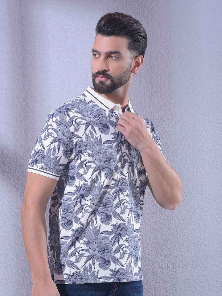 Blue Floral Print Polo Neck T-Shirt
