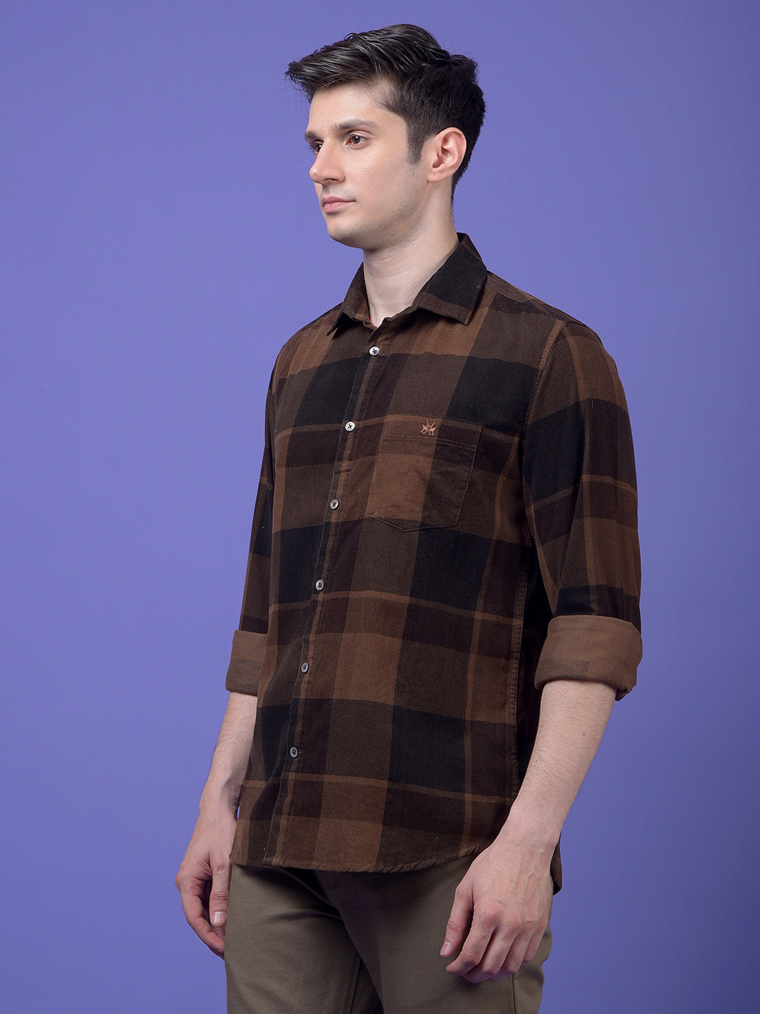 Brown Checked 100% Cotton Corduroy Shirt