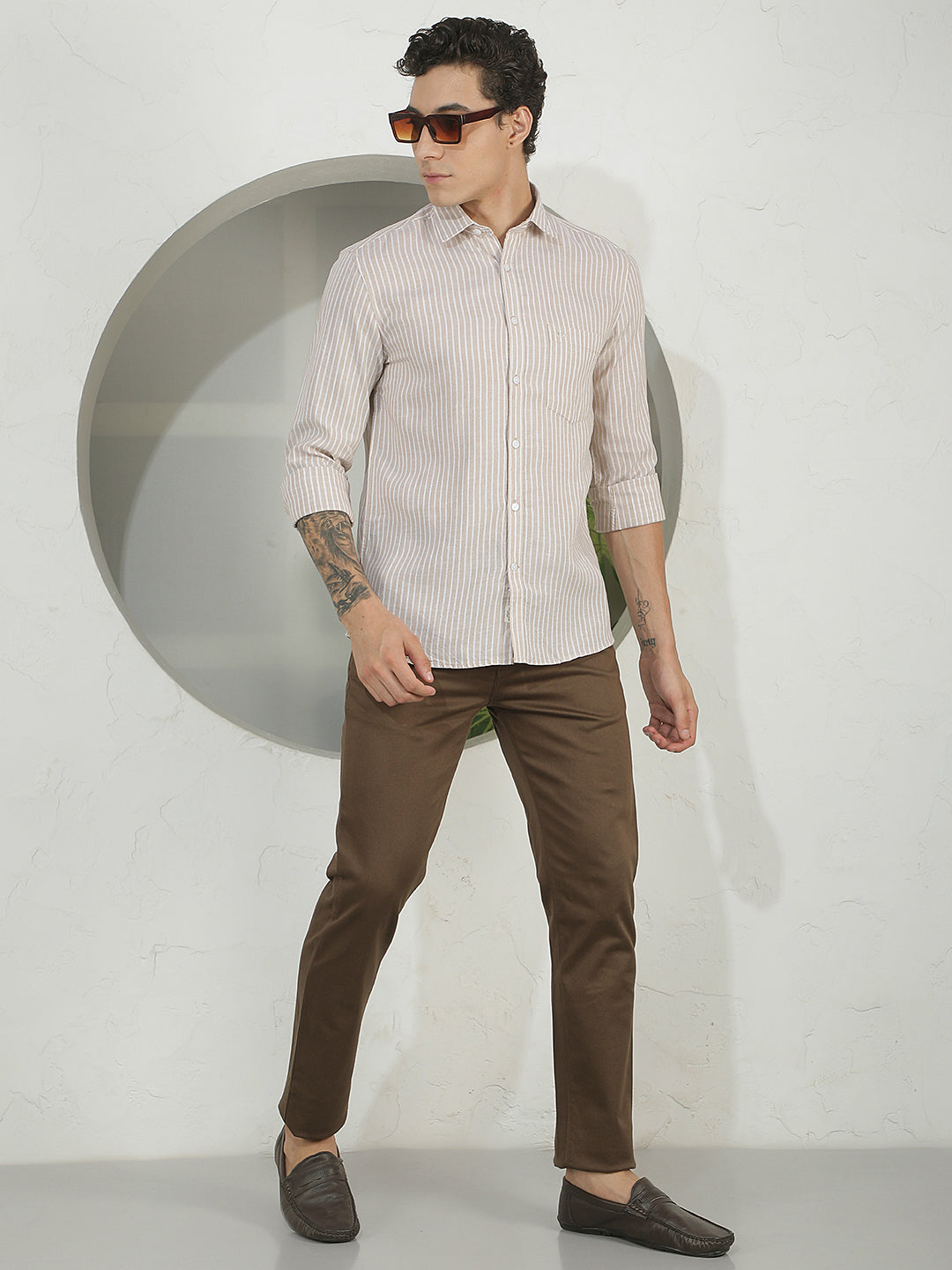Tan Vertical Stripes Linen Shirt