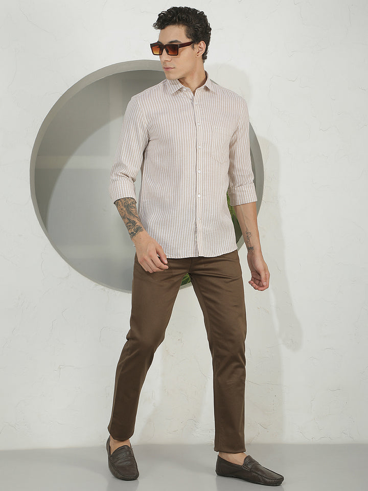 Tan Vertical Stripes Linen Shirt