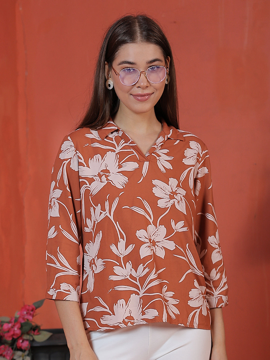 Brown Floral Print Top