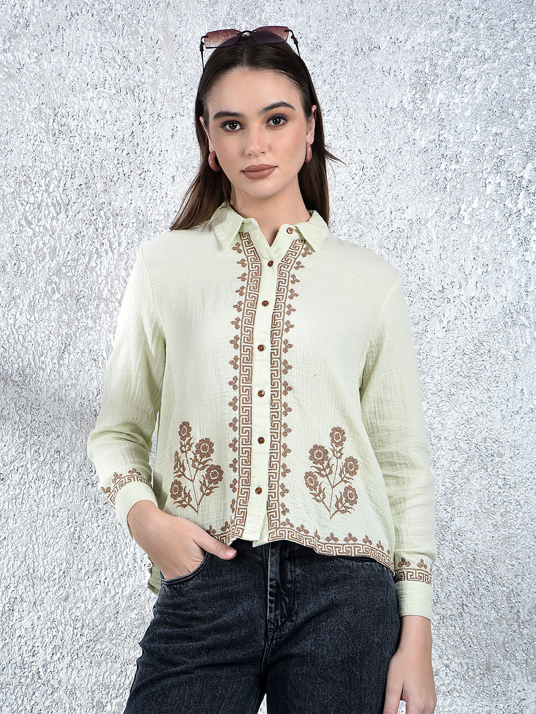 Green Embroidered 100% Cotton Shirt