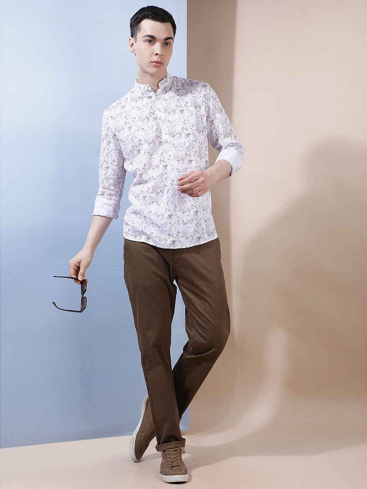 White Floral Print Linen Kurta
