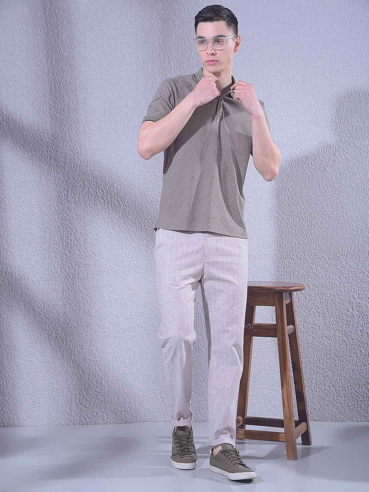 Khaki Vertical Striped Travel Fit Trousers