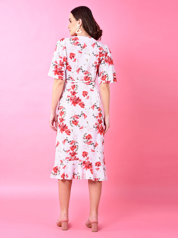 Red Floral Print V-Neck Linen Dress-Women Dress-Crimsoune Club