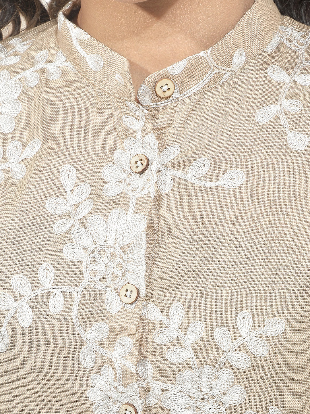 Tan Embroidered Mandarin Neck Shirt