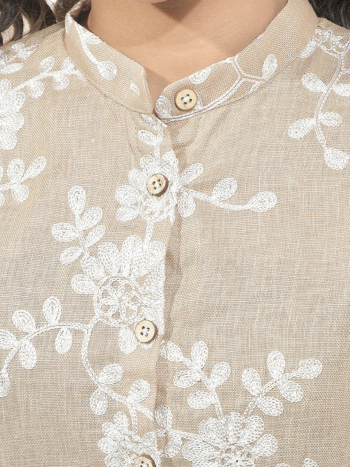 Tan Embroidered Mandarin Neck Shirt