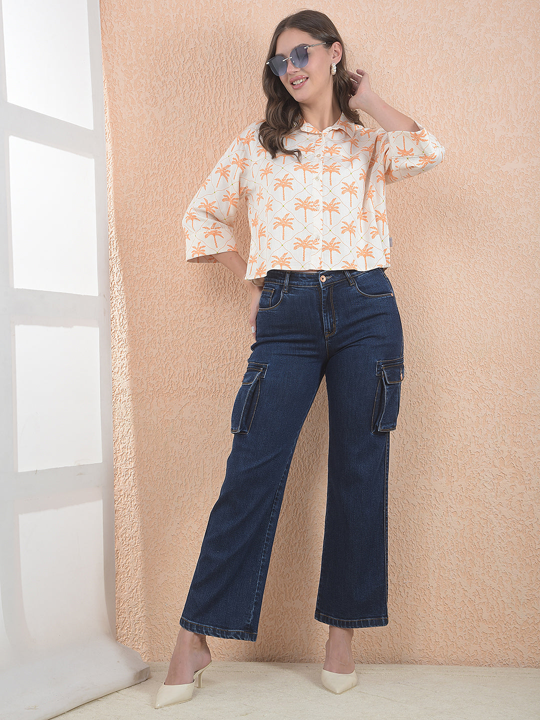 Printed Orange Crop Shirt With Extended Sleeves