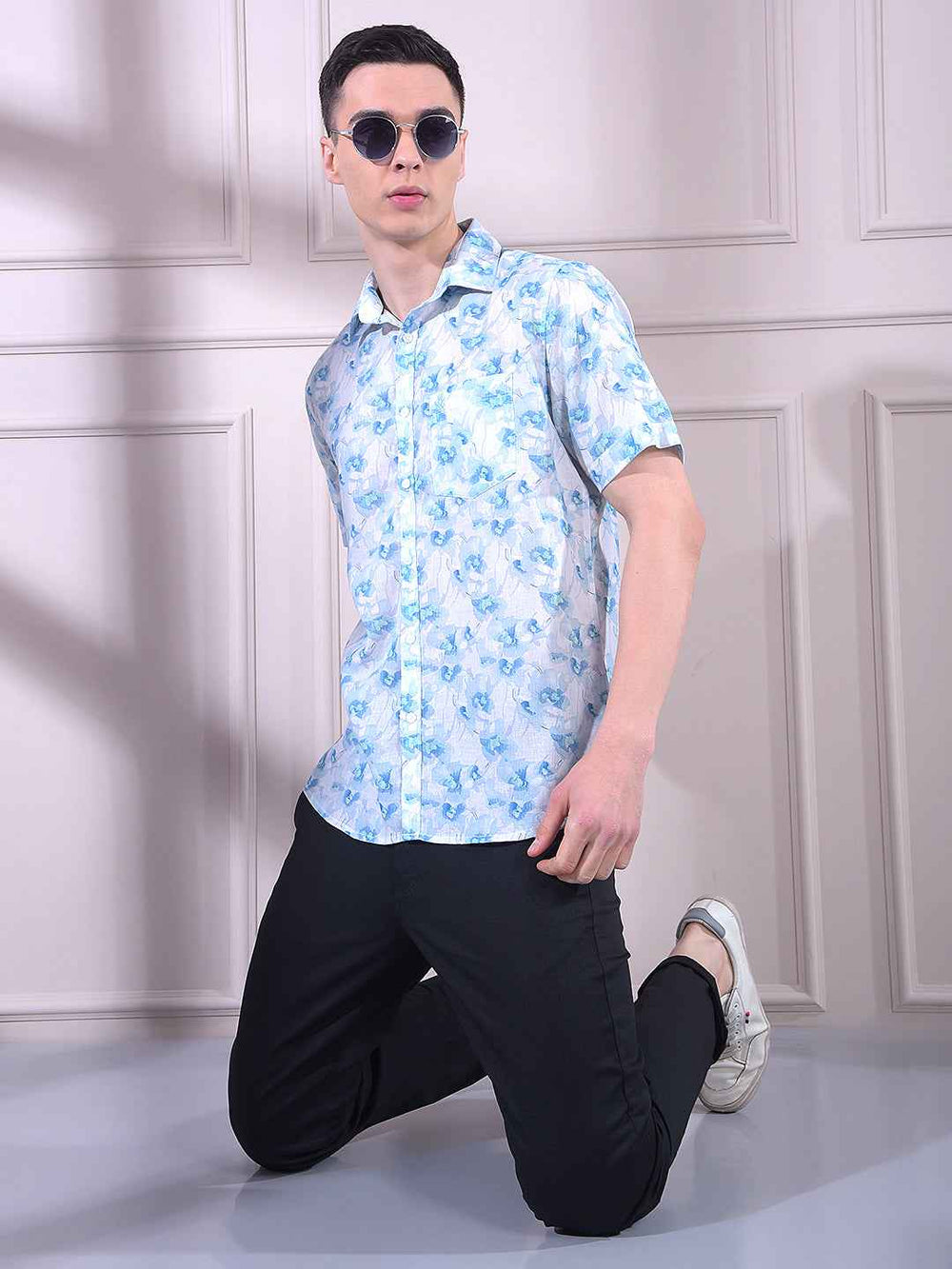 Blue Linen Floral Print Shirt