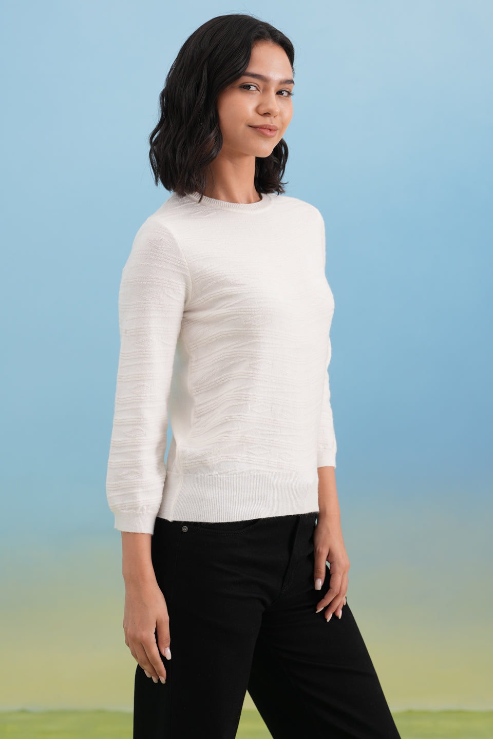 White Minimal Jacquard Knit Sweater