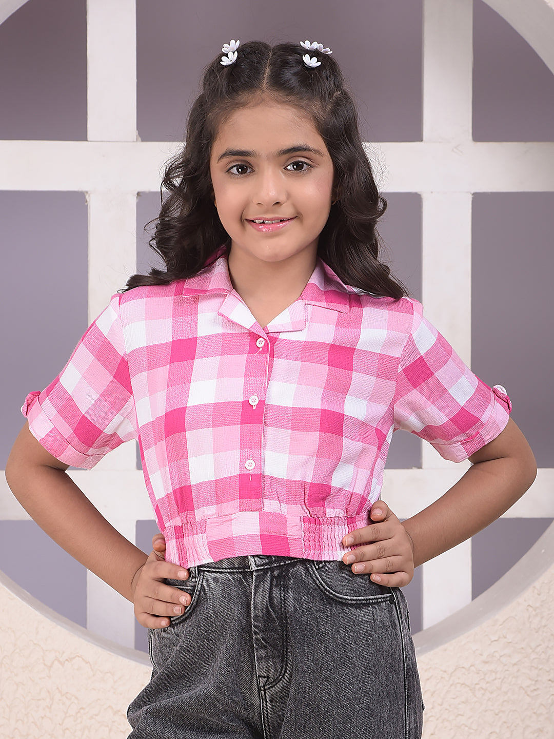 Pink Checked Resort-Collar Cropped Shirt