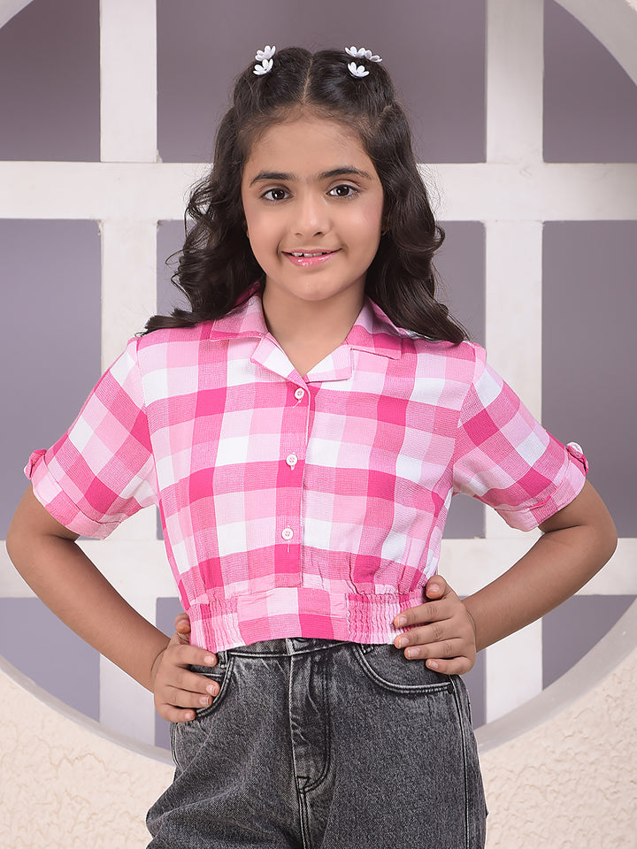 Pink Checked Resort-Collar Cropped Shirt