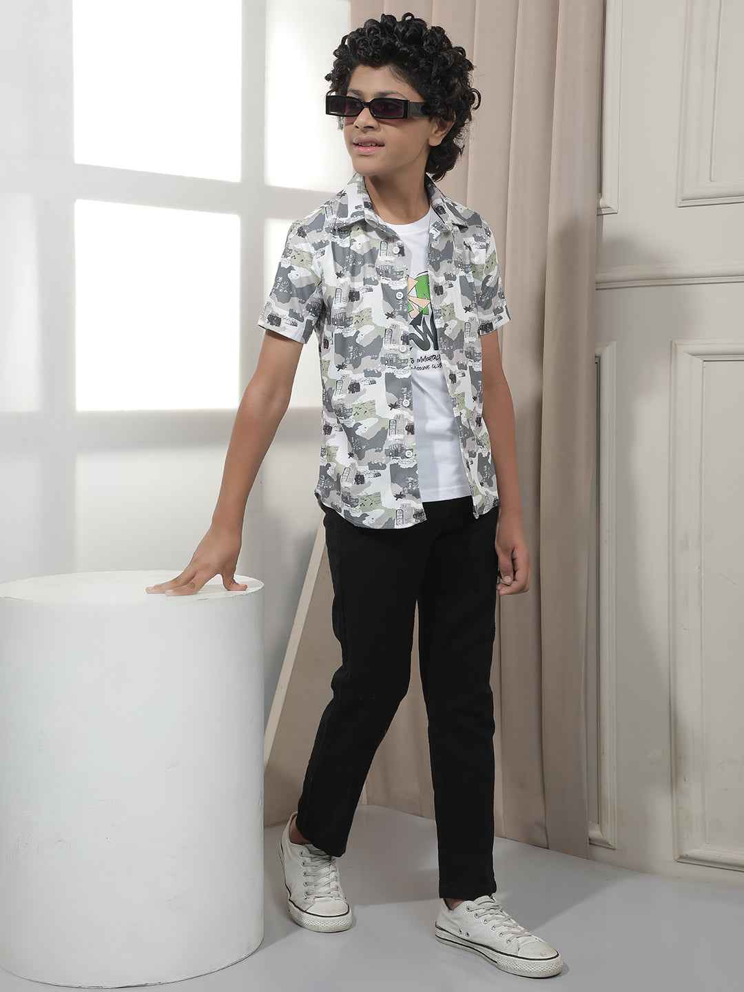 Olive Printed Shirt With Tshirt