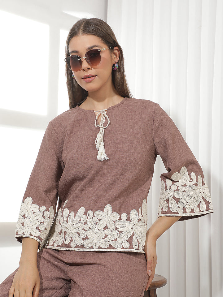 Brown Embroidered 100% Cotton Top