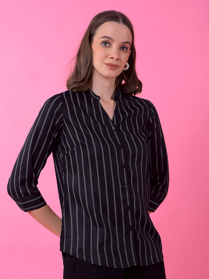 Black Vertical Stripes V-Neck Shirt