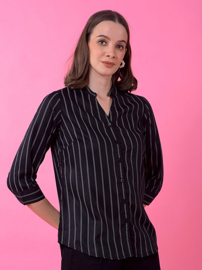 Black Vertical Stripes V-Neck Shirt